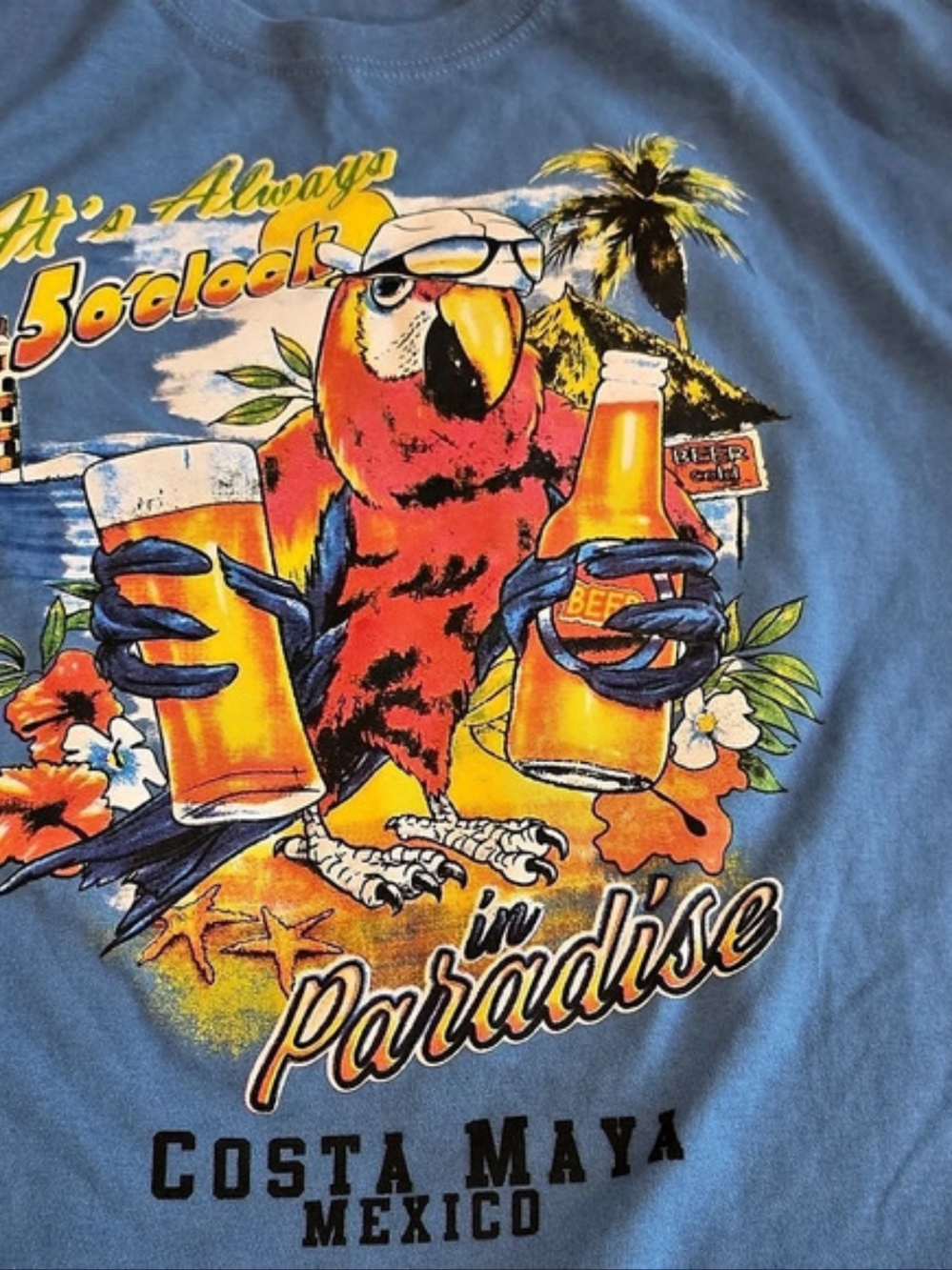 Yazbek Costa Maya Mexico Parrot It's Always 5 O'Clock in Paradise T-Shirt Blue